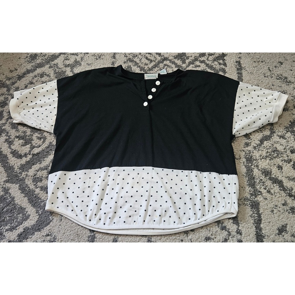 Vintage Shenanigans 90s Polka Dot Colorblock Henley Top Black White Medium